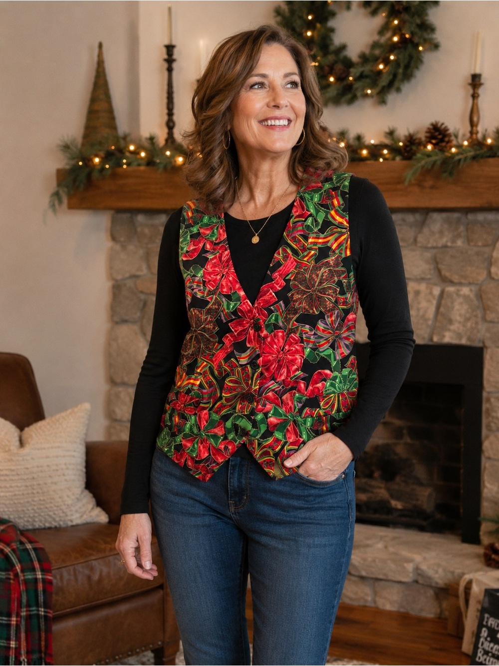 Vintage Saddle River Christmas Bow Vest L XL Holiday Novelty Cotton Waistcoa